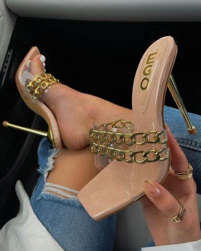 Fund Chain Detail Clear Perspex Square Peep Toe Metallic Heel Mule In Nude Patent Shoes Post