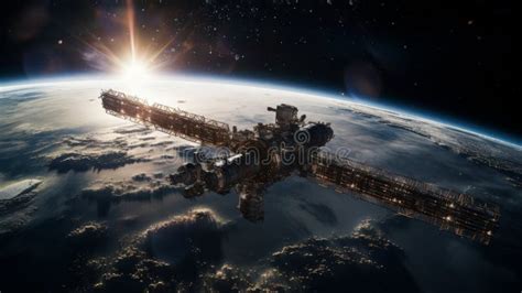 Futuristic Space Station Orbiting Earth With A Stunning Sunrise