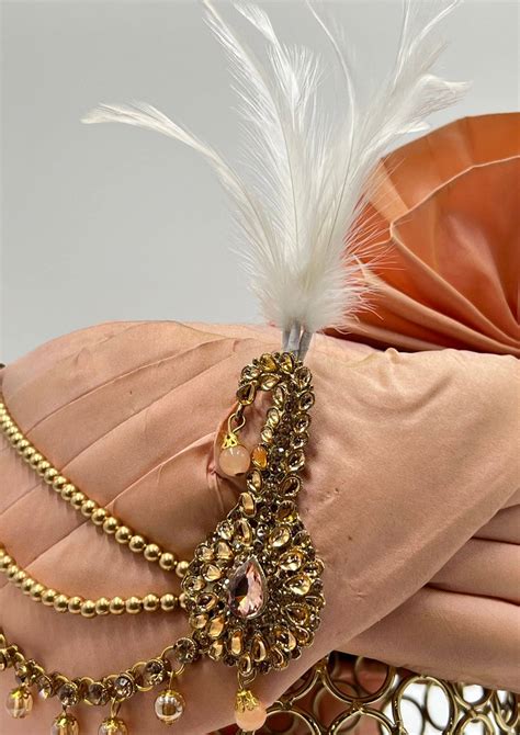 Dusky Peach Safa Turban With Gold Tone Kundan Kalgi Getethnic