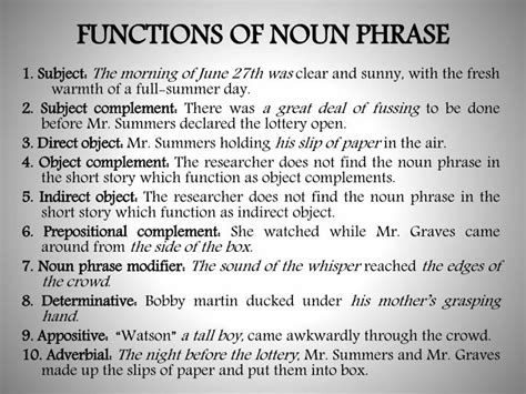 Ppt Syntactic Analysis Of Noun Phrase In Shirley Jackson The Lottery “short Story” Powerpoint