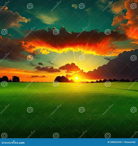 Golden Sunset Over Rolling Clouds and Field Stock Photo - Image of path ...