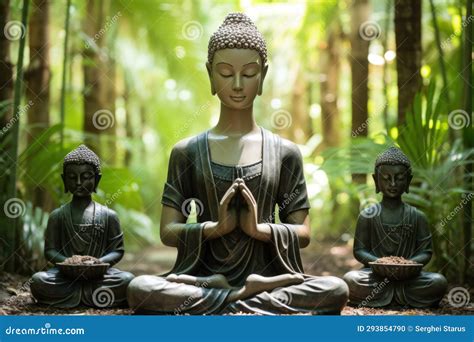 Three Statues Of Buddhas Sitting In The Middle Of A Forest Ai Stock