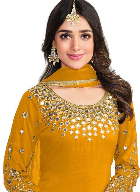 Buy Online Silk Patiala Salwar Suit In Mustard 250089