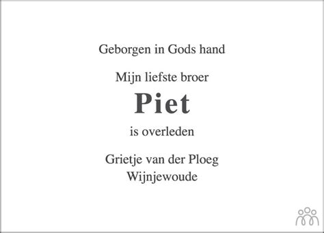 Piet Van Der Ploeg Overlijdensbericht En Condoleances