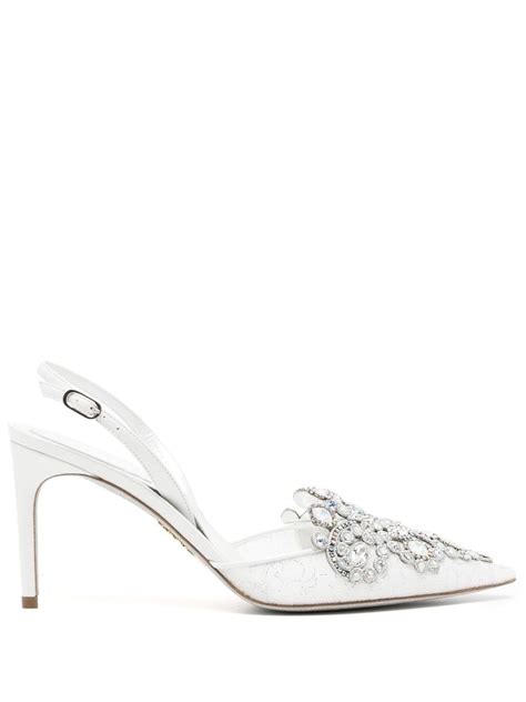 Ren Caovilla Lace Embellished Crystal Sling Back Pumps White