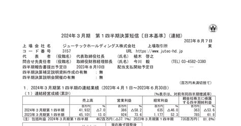 ジオリーブグループ 3157 ：2024年3月期 第1四半期決算短信〔日本基準〕連結 2023年8月7日適時開示 ：日経会社情報