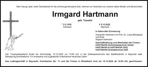 Traueranzeigen Von Irmgard Hartmann Nordbayerischer Kurier