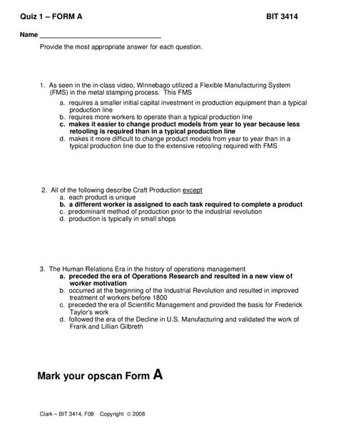 Operations And Supply Chain Quiz 1a With Answers Bit 3414 Docsity