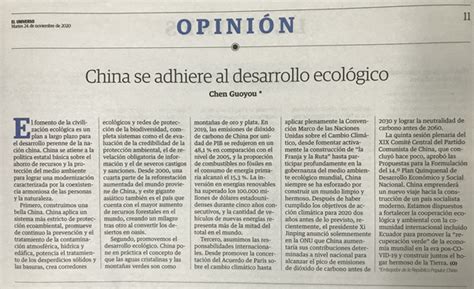 Embajador Chen Guoyou publica artículo de opinión en el Diario El