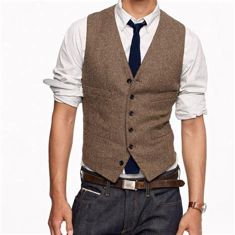 2019 Rustic Groom Vests Wedding Vintage Country Brown Tweed Mens Slim