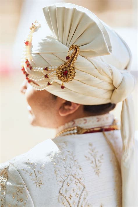 Indian Grooms White Safa Turban With Gold Adornment With Red Gems