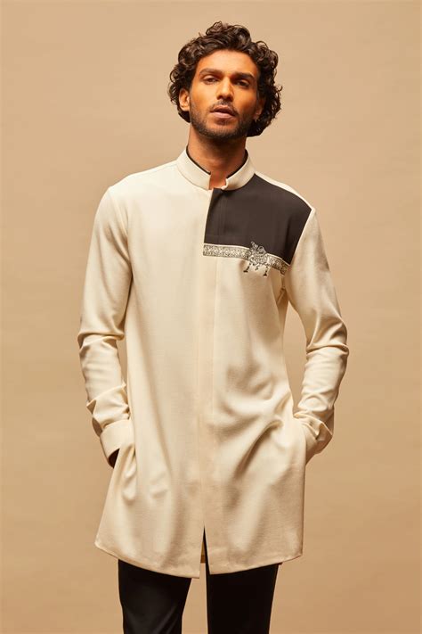 Buy White Terylene Colorblock Short Kurta For Men By Sandn By Shantnu