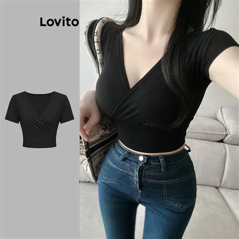 Lovito Women Sexy Plain Criss Cross Structure Line T Shirt Lad106057