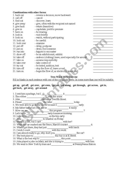 English Worksheets Two Word Verb