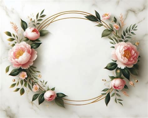 Elegant Floral Frame With Pink Peonies And Green Leaves On A White