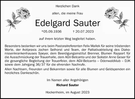 Traueranzeigen Von Edelgard Sauter Trauerportal Ihrer Tageszeitung