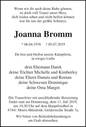 Traueranzeigen Von Joanna Bromm Trauer In Nrw De