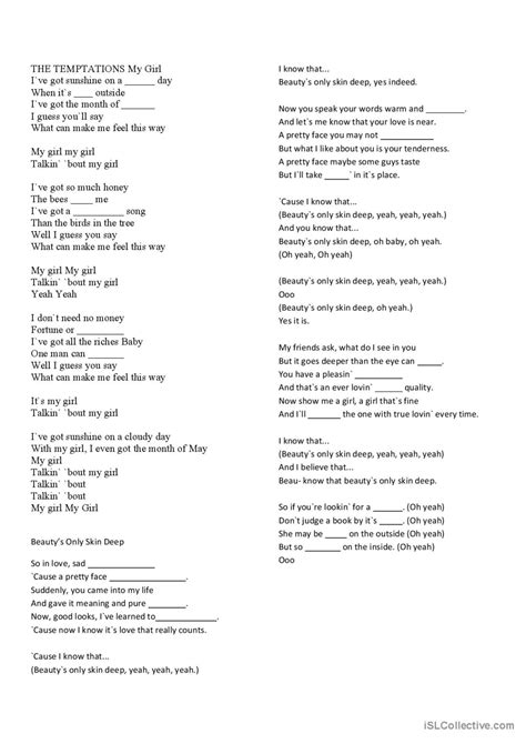 Temptations Lyrics Gap Fill Nursery English ESL Worksheets Pdf Doc