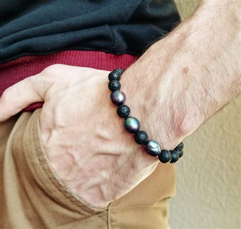 Pulsera De Perlas Para Hombres Pulsera De Perlas Negras Etsy Espa A