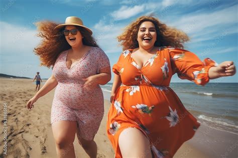 Happy Plus Size Women Having Fun Walking On The Beach During Summer