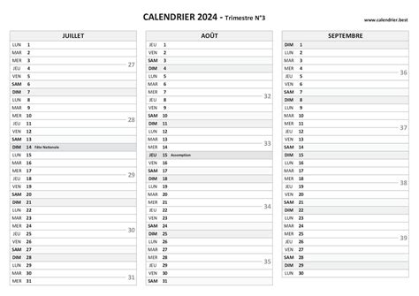 Calendrier pour le 3ème trimestre 2024 mois de juillet août et