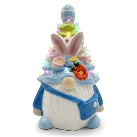 Blue Gnome Easter Ceramic Tree Lighted Bunny Easter Decorations For