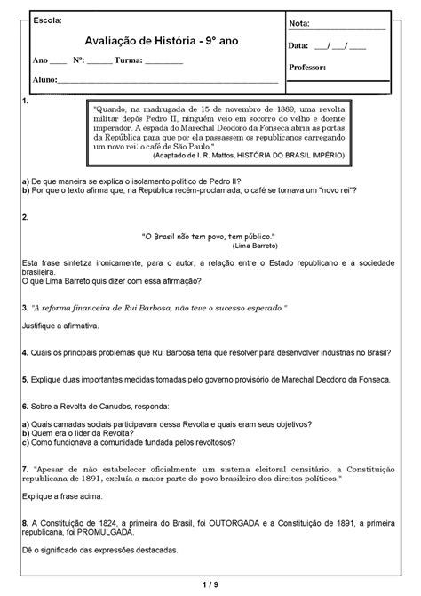 AVALIAÇÃO DE HISTÓRIA 9 ANO GABARITO ATIVIDADES PARA IMPRIMIR