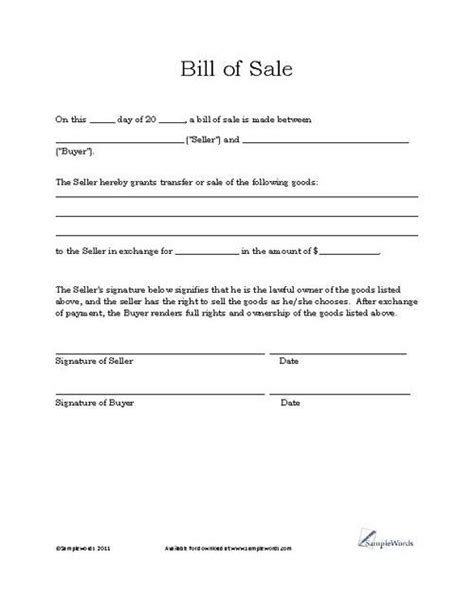 Basic Bill Of Sale Template Printable Blank Form Microsoft Word Artofit