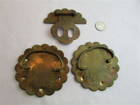 3 Vintage Primitive Brass Drawer Trunk Pulls With Backplates Etsy Brass Drawer Pulls