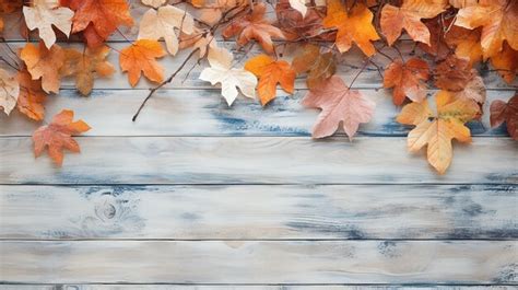 Premium Ai Image Fall And Autumn Leaves On Whitewashed Wood Plank