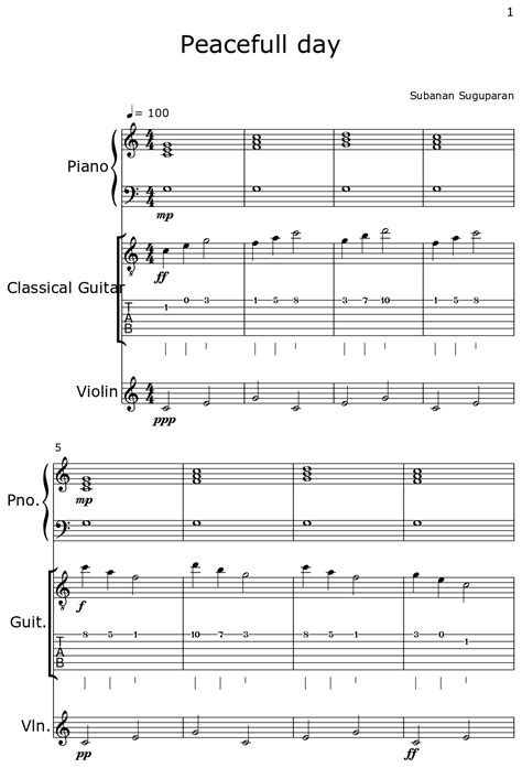 Peacefull Day Sheet Music For Piano Classical Guitar Violin