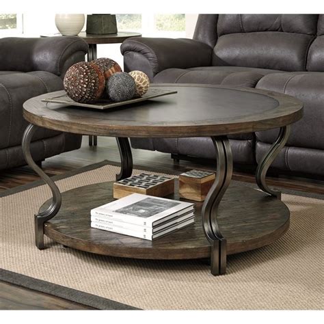 Ashley Volanta Round Coffee Table With Metal Inset In Caramel T739 8