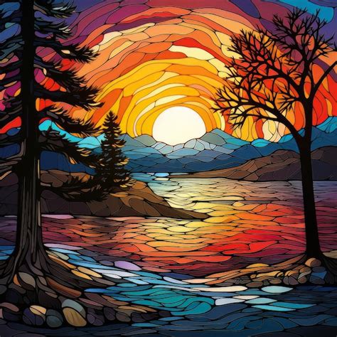 Premium AI Image Stained Glass Christmas Sunset Mountain Tree Background