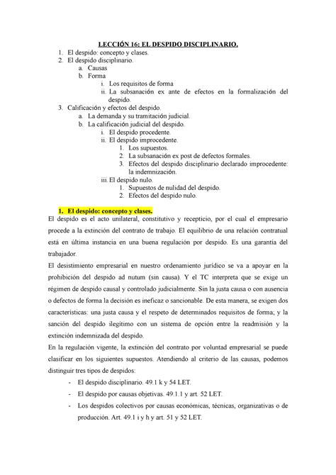 Lección 16 El despido disciplinario LECCI Ó N 16 EL DESPIDO