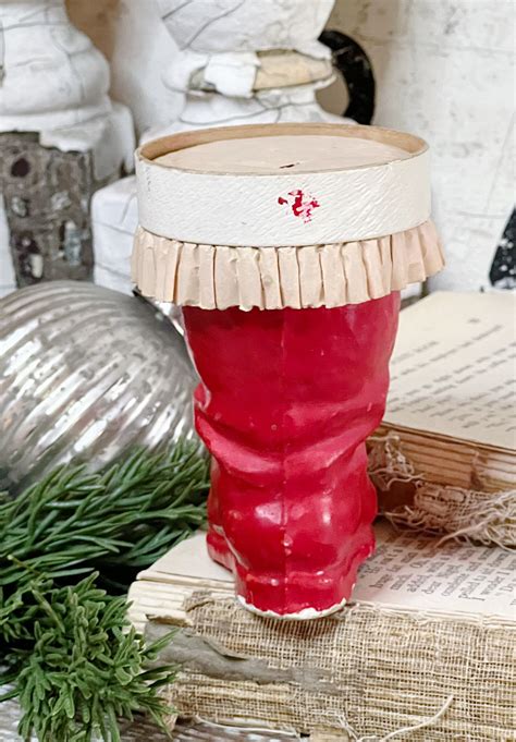 Vintage Red Santa Boot Planter Paper Mache Container Ruffle Trim Farmhouse Christmas Decor Retro