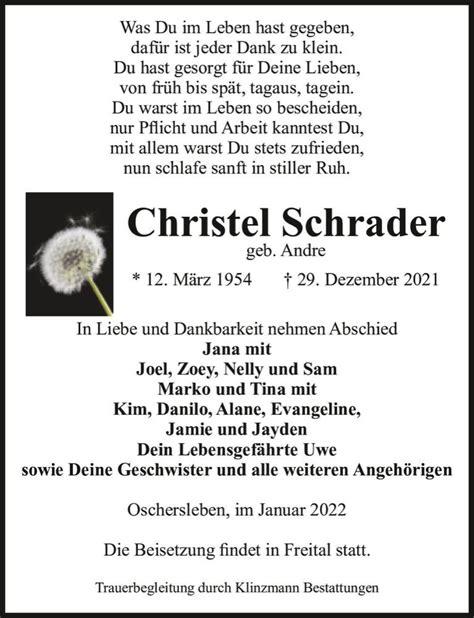 Traueranzeigen Von Christel Schrader Geb Andre Abschied Nehmen De