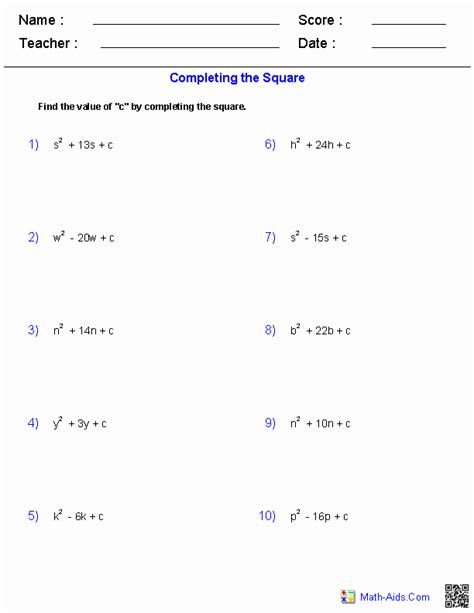 Worksheets Completing The Square