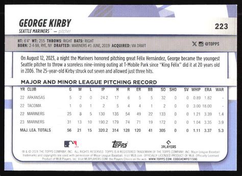 Topps Big League George Kirby Uncommon Rainbow Foil Mariners