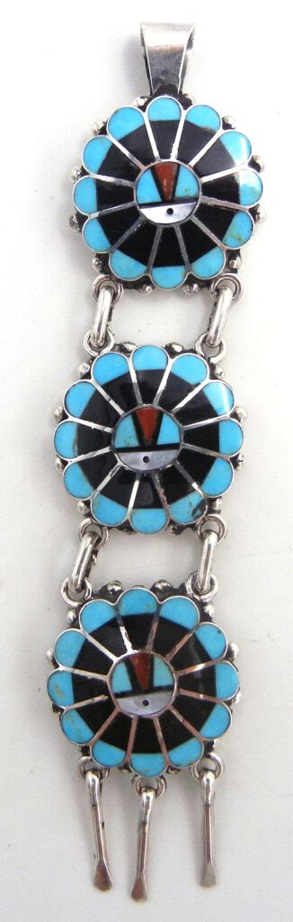 Zuni Multi Stone Inlay And Sterling Silver Triple Sunface Pendant