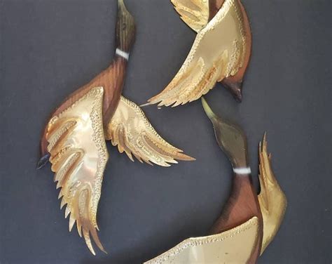 Vintage Mid Century Modern Brass Wood Flying Ducks Wall Decor Wall