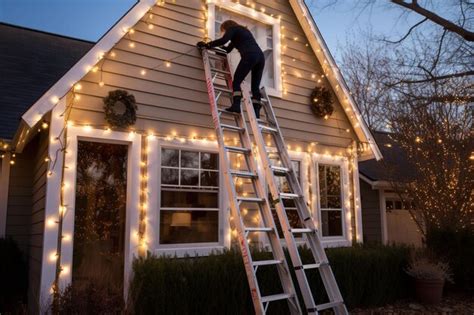 Premium Ai Image A Man Is Standing On A Ladder To Install Christmas