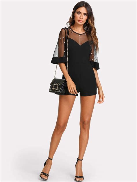 Pearl Embellished Mesh Yoke Romper Shein Uk