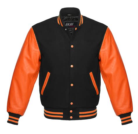 Letterman Varsity Jacket Wool & Real Leather Black/Orange - SKAF IMPEX