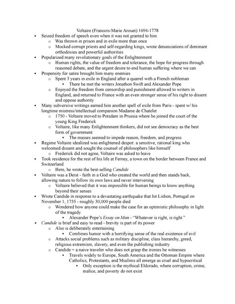 ENG 204 Voltaire Candide Lec Notes & Reading Summary - Voltaire (Francois-Marie Arouet) 1694 ...