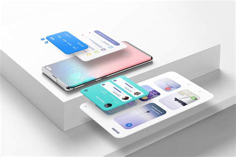 APP UI样机时尚高端3D立体Android智能手机样机三星Galaxy S10 悬浮屏幕效果展示模型mockups 变色鱼