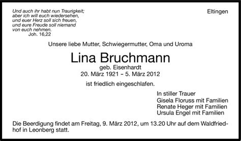 Traueranzeigen Von Lina Bruchmann Stuttgart Gedenkt De