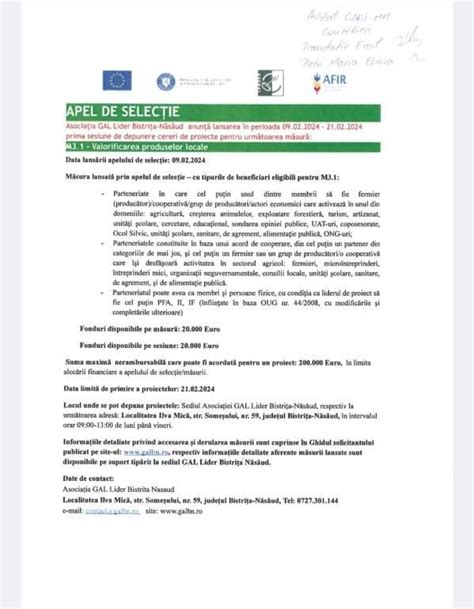 Asociația GAL Lider Bistrița Năsăud anunță lansarea în perioada 09 02