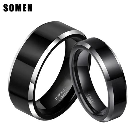 2pcs 8mmand 6mm Women Men Black Tungsten Carbide Ring Wedding Band