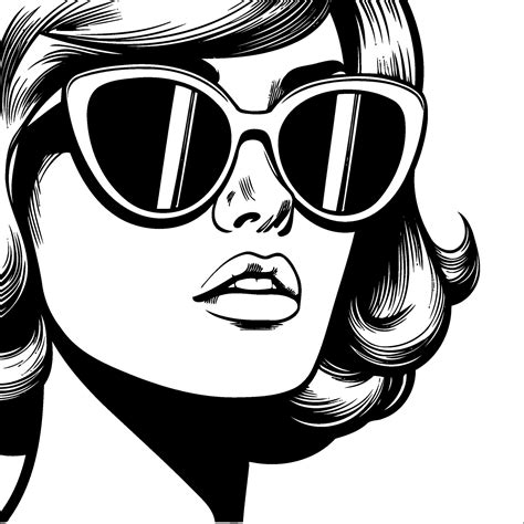 Retro Vintage Woman Wearing Sunglasses Mouth Slightly Open Close Up Face Simple Line Art Comic