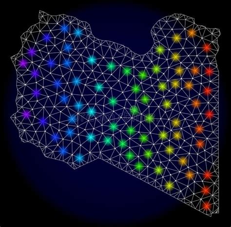 Polygonal Carcass Mesh Map Of Libya With Bright Light Spots Stock